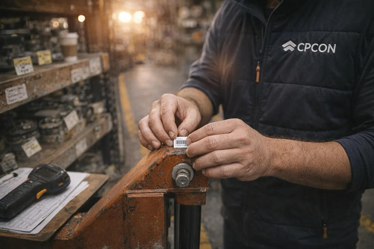 Technician applying RFID asset tag to industrial field equipment for tracking and identification