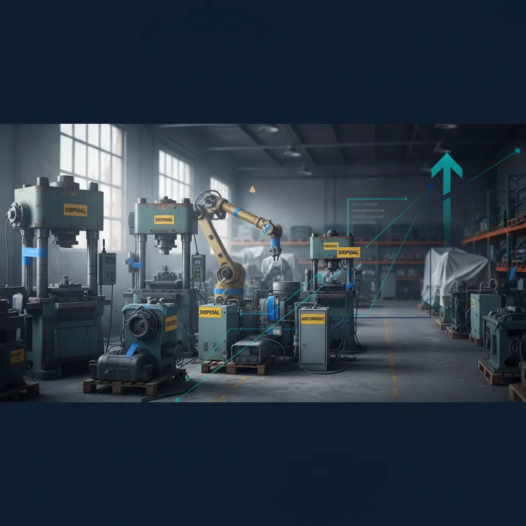 Asset write-off and retirement - decommissioned equipment tagged for disposal in warehouse