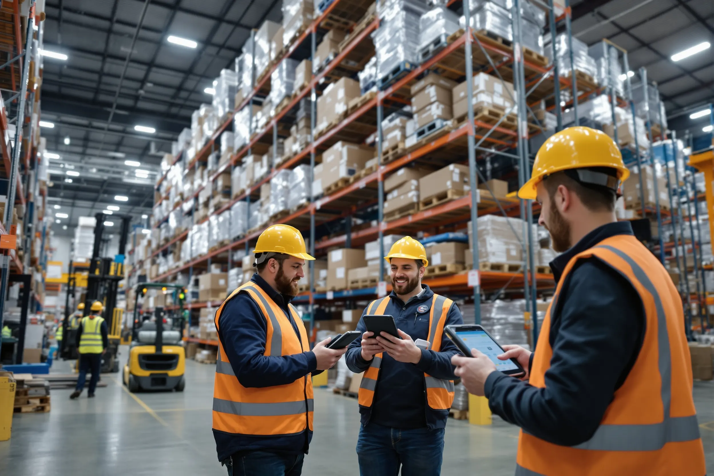 Automotive parts warehouse inventory counting team scanning parts on tall racking system with SAP-integrated mobile devices in Detroit facility