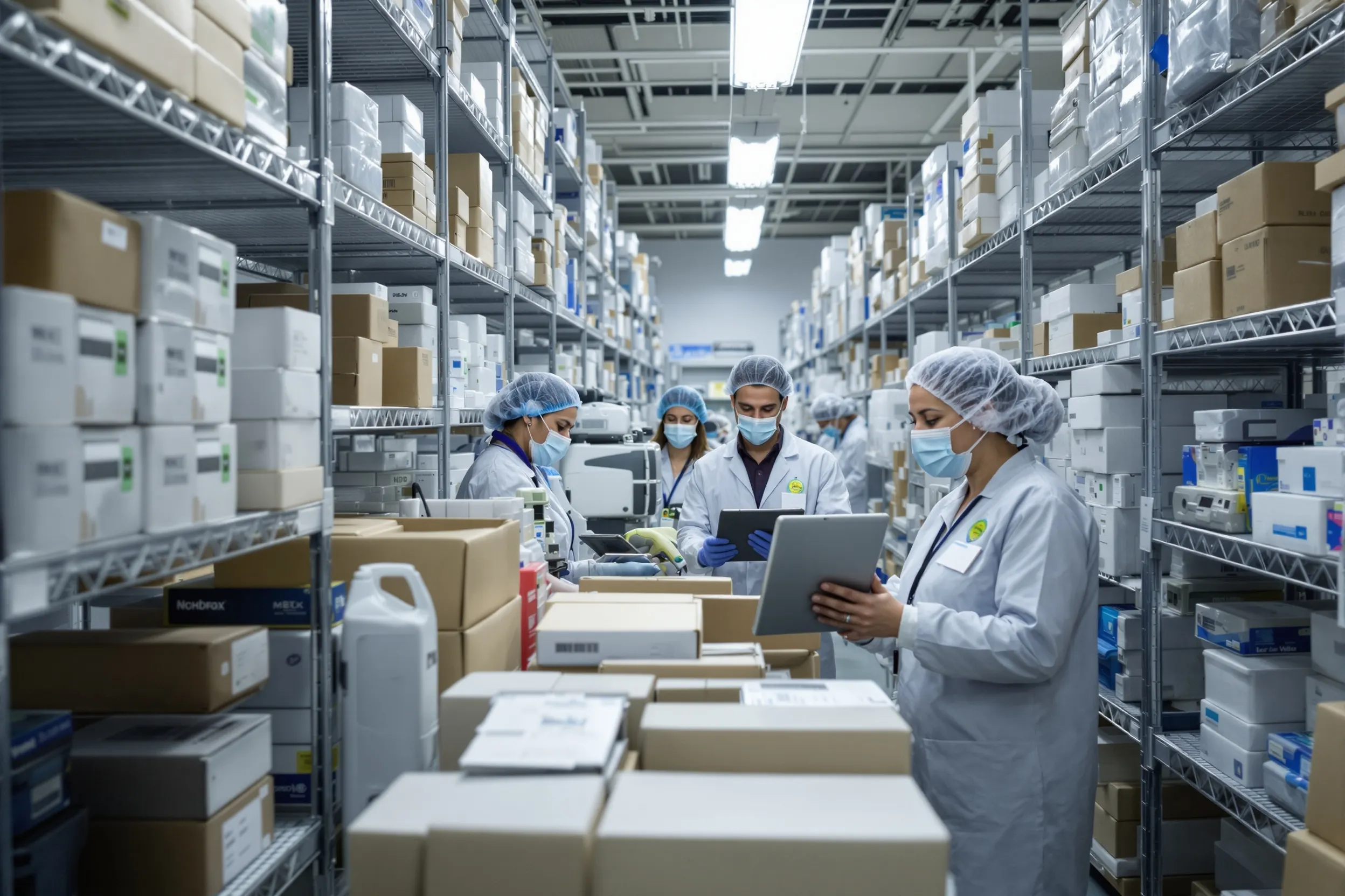 CPCON inventory team counting medical equipment in hospital storage room using tablets and barcode scanners for healthcare asset audit