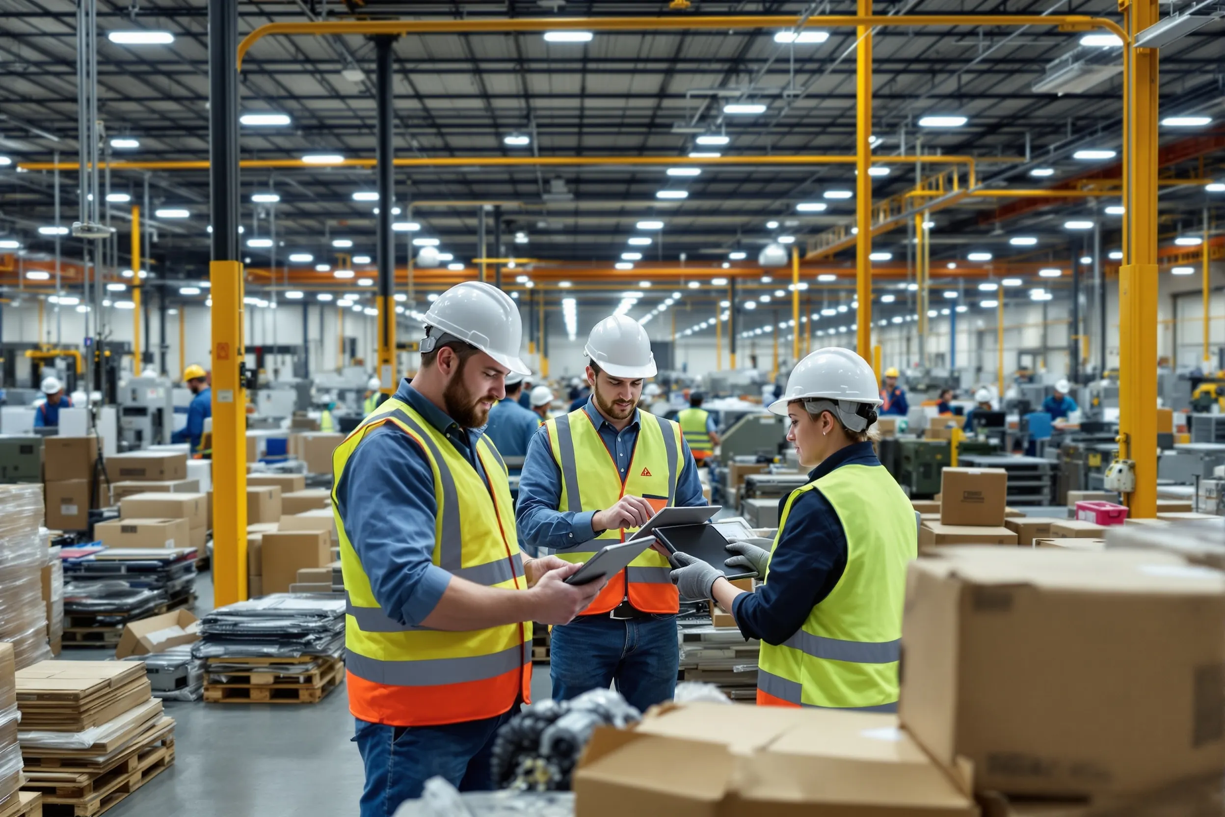 Manufacturing plant fixed asset inventory team tagging and counting heavy machinery on factory floor for complete asset register reconciliation in Texas