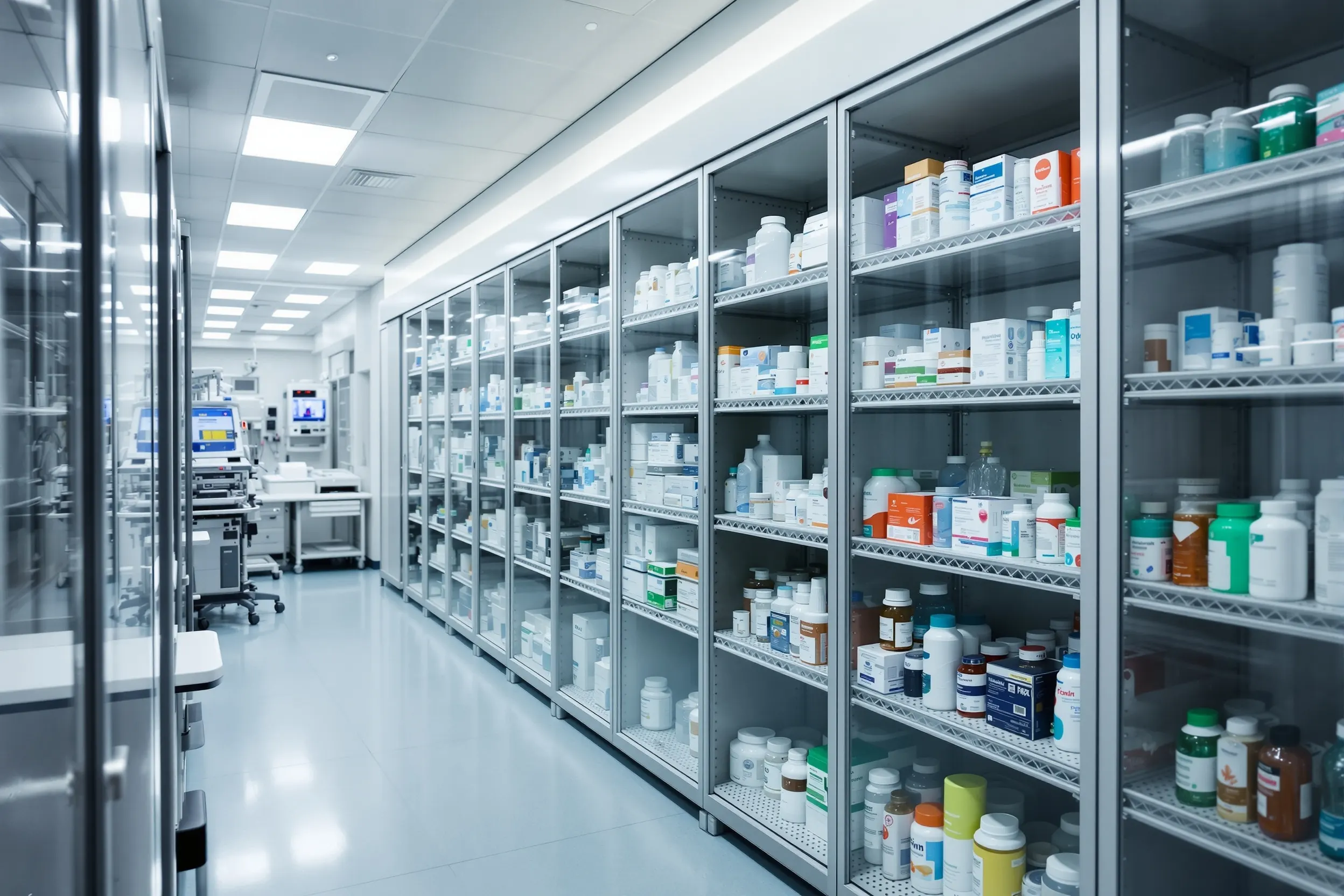 Modern hospital medical equipment and diagnostic devices organized in clinical healthcare facility for fixed asset compliance tracking