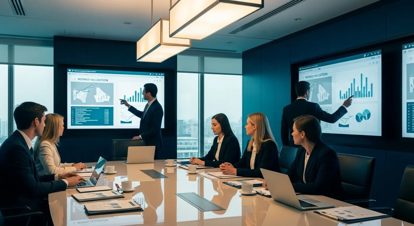 Purchase price allocation professionals analyzing M and A valuations in corporate deal room