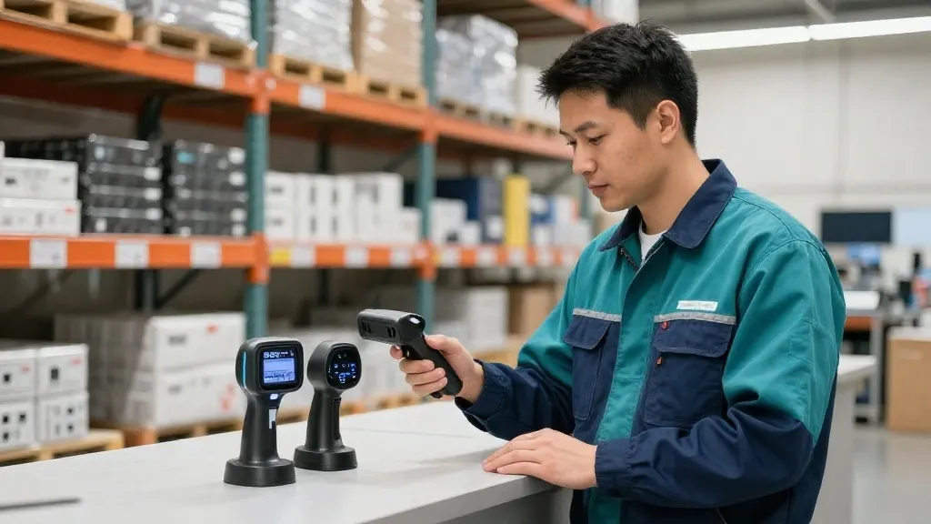 CPCON technician comparing RFID and barcode scanning technologies in warehouse